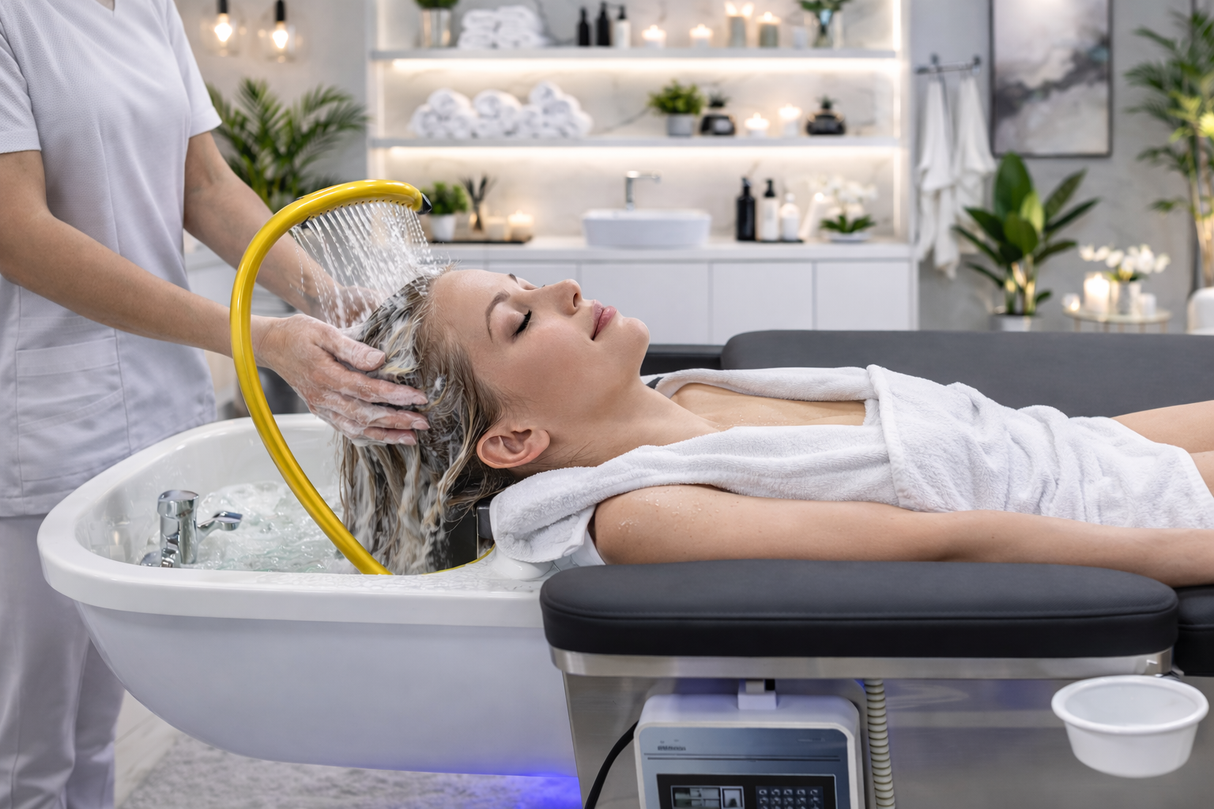 Model receiving treatment on the SSW M35 Electric Japanese Head Spa Massage Bed