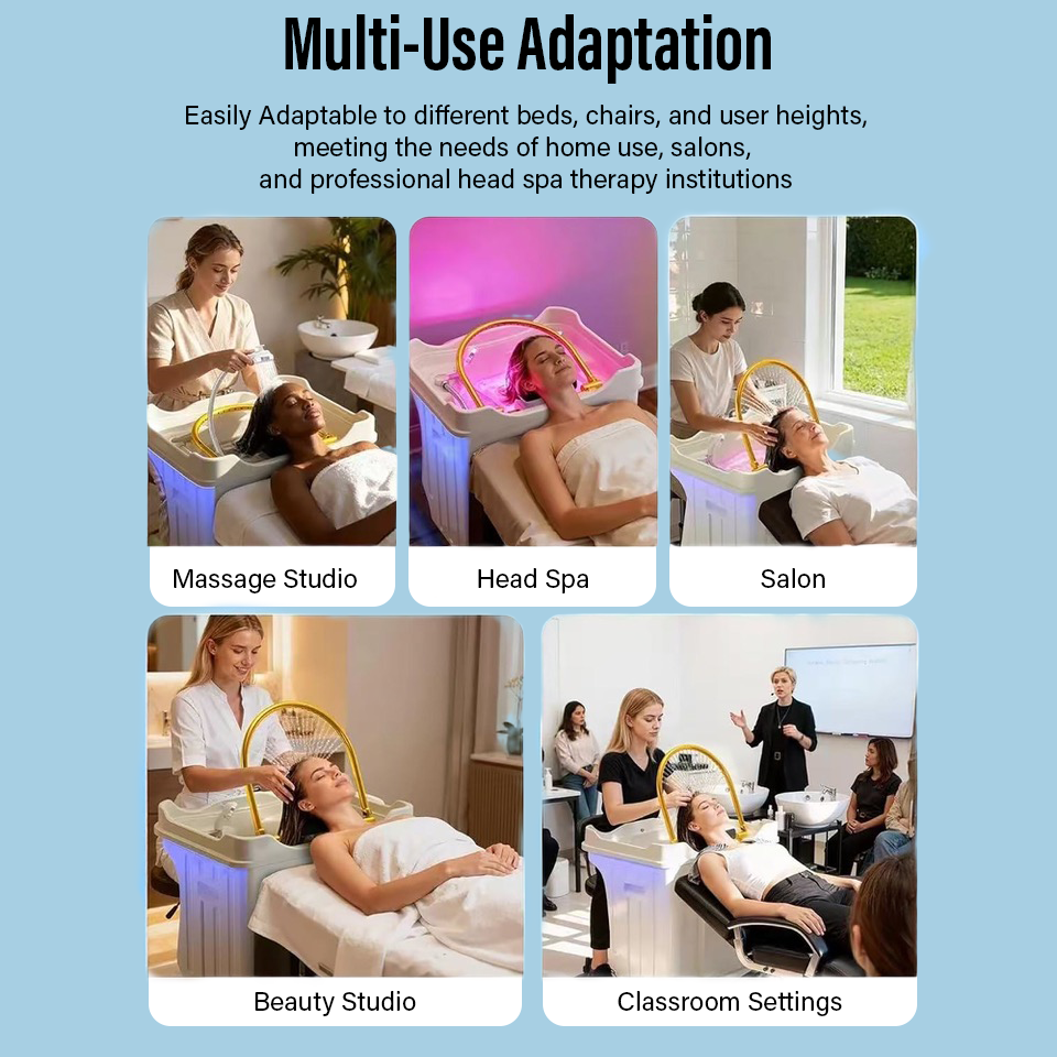 Image shows the multiple applications the non-plumbed SSW TL06 Portable Japanese Head Spa Shampoo Bowl can be used in.