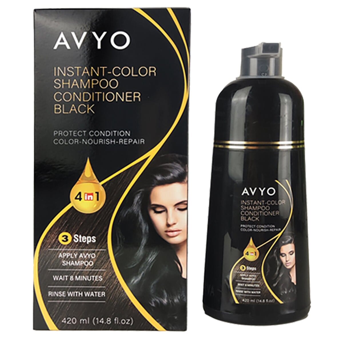 Black | Instant-Color Shampoo Conditioner | 4 in 1 | 420 mL | AVYO SHAMPOO AVYO
