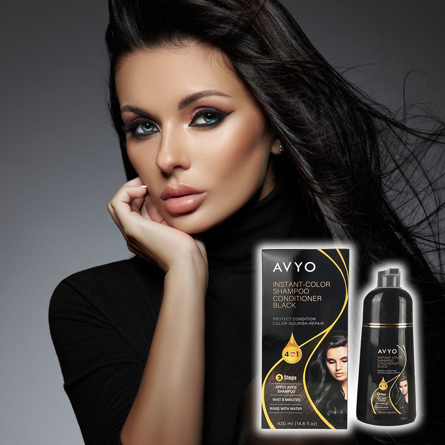 Black | Instant-Color Shampoo Conditioner | 4 in 1 | 420 mL | AVYO SHAMPOO AVYO