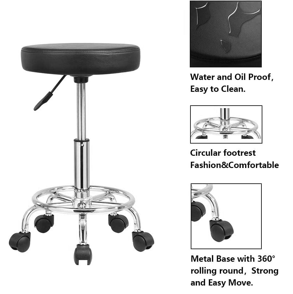 DK-98016 | Leather Round Rolling Stool with Foot Rest | Swivel Height Adjustment STOOL SSW 