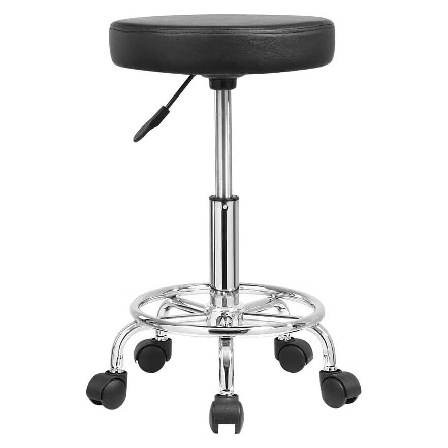DK-98016 | Leather Round Rolling Stool with Foot Rest | Swivel Height Adjustment STOOL SSW Black 