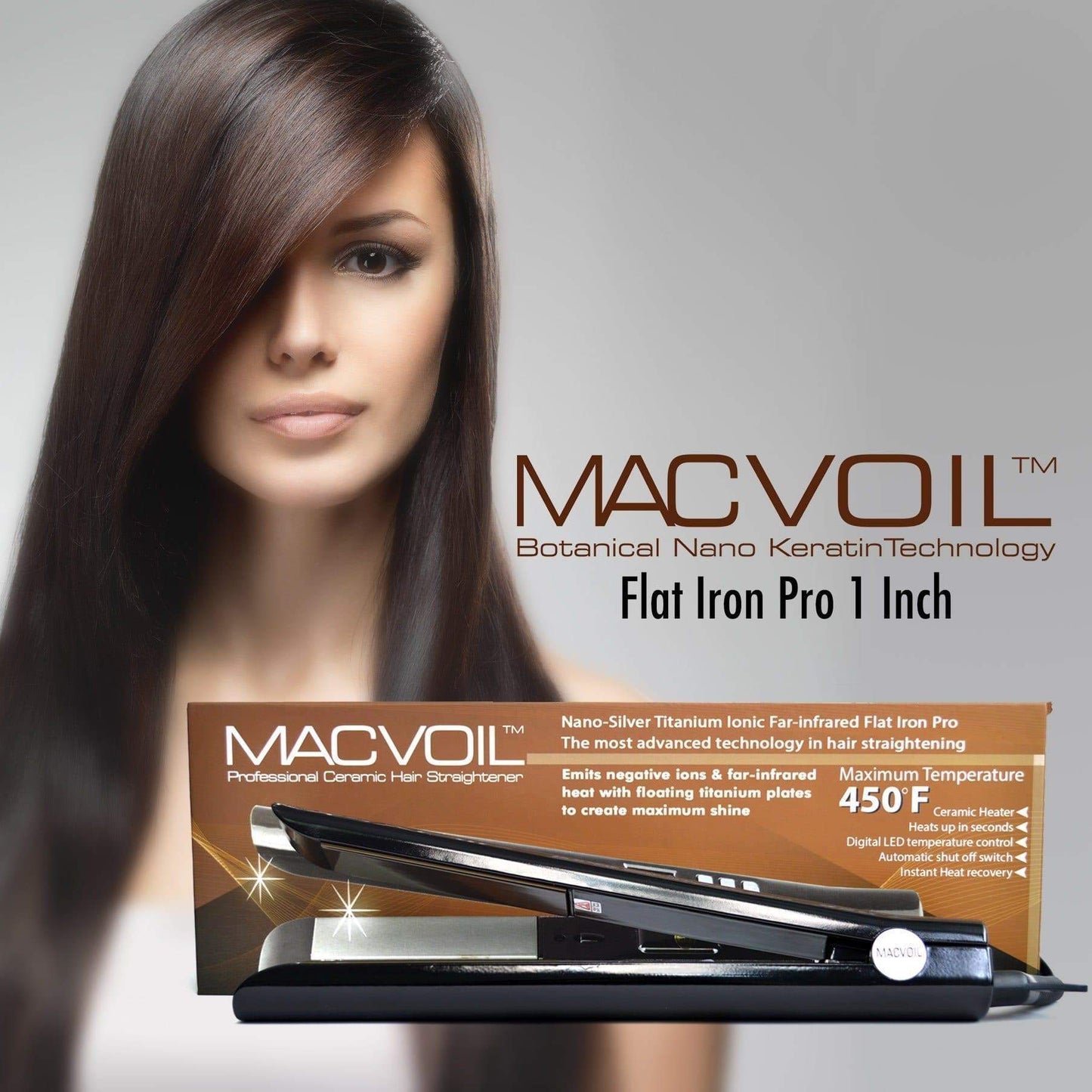 Lifestyle image of the Macvoil 1-inch Digital Ionic Titanium Flat Iron with Infrared Heat.