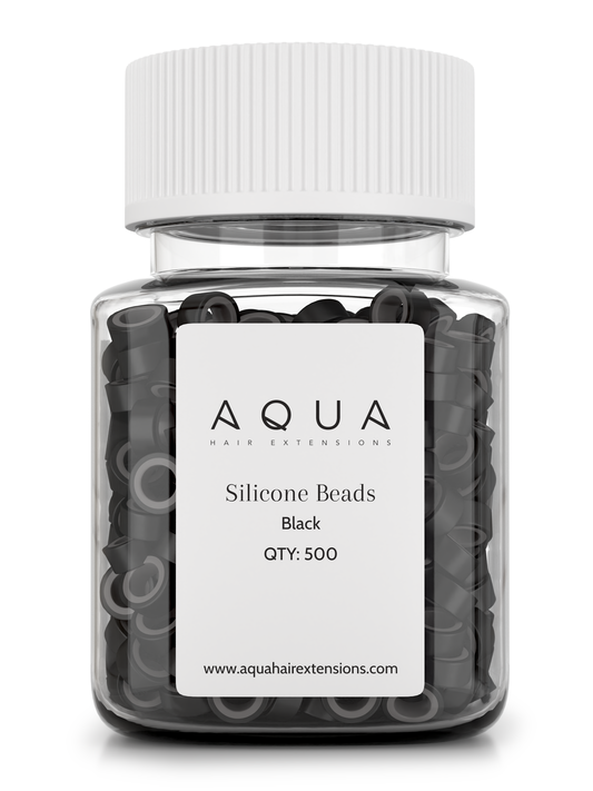 Jar of black silicone beads with Aqua label on a white background