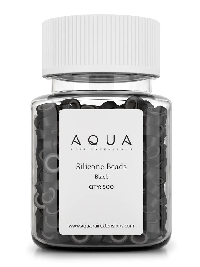 Jar of black silicone beads with Aqua label on a white background