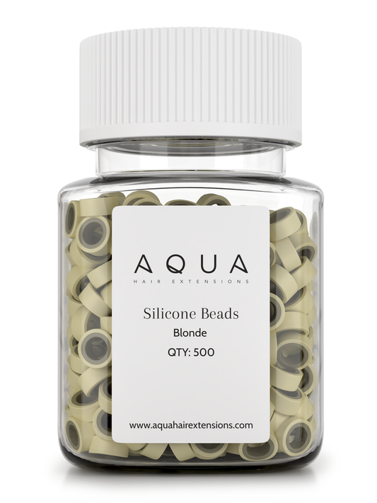 Jar of Aqua silicone beads for hair extensions on a white background