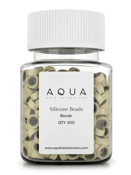 Jar of Aqua silicone beads for hair extensions on a white background