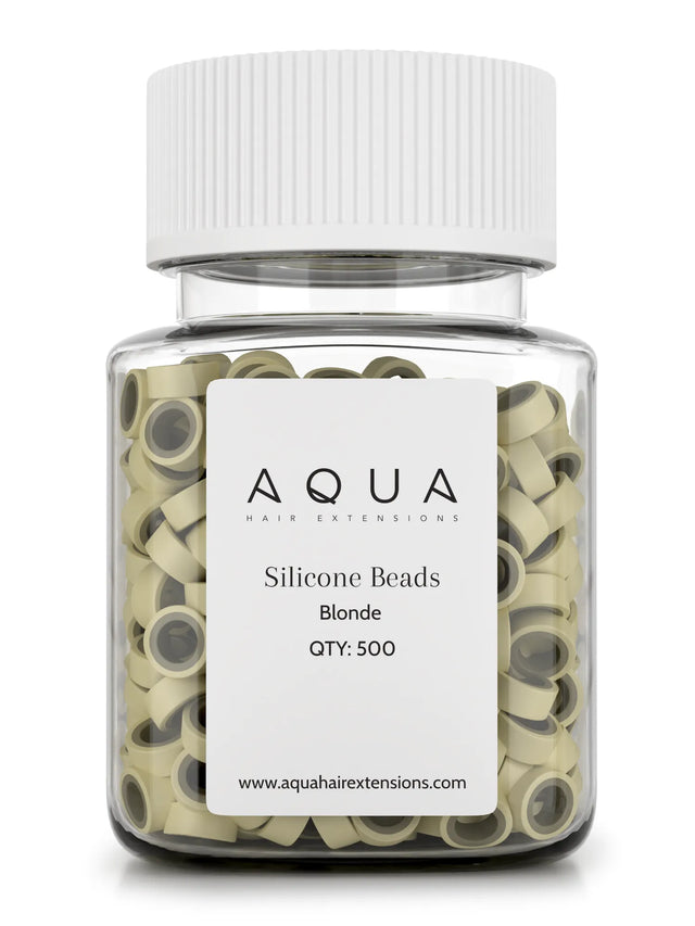 Jar of Aqua silicone beads for hair extensions on a white background