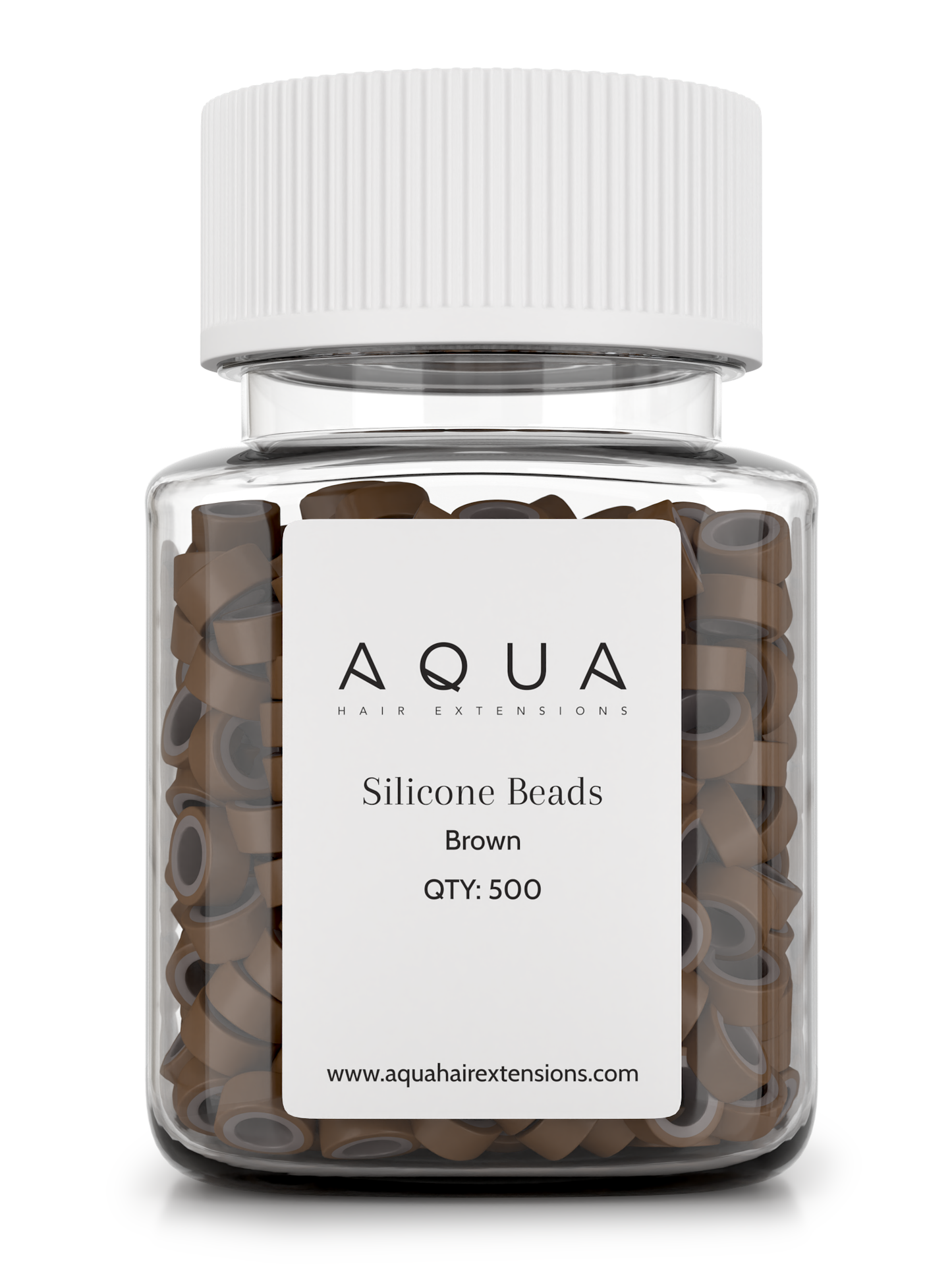 Jar of brown silicone beads with Aqua label on a white background