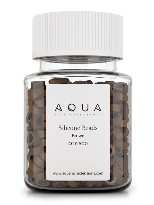 Jar of brown silicone beads with Aqua label on a white background