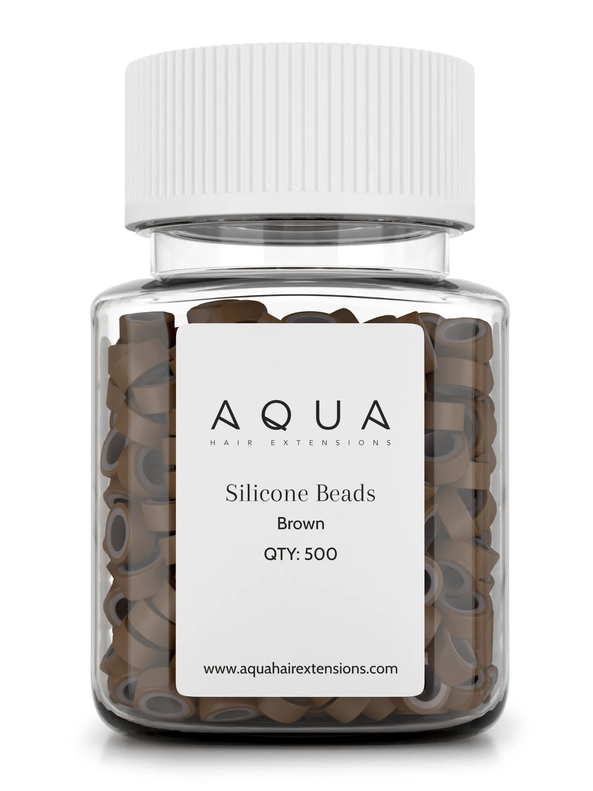 Jar of brown silicone beads with Aqua label on a white background