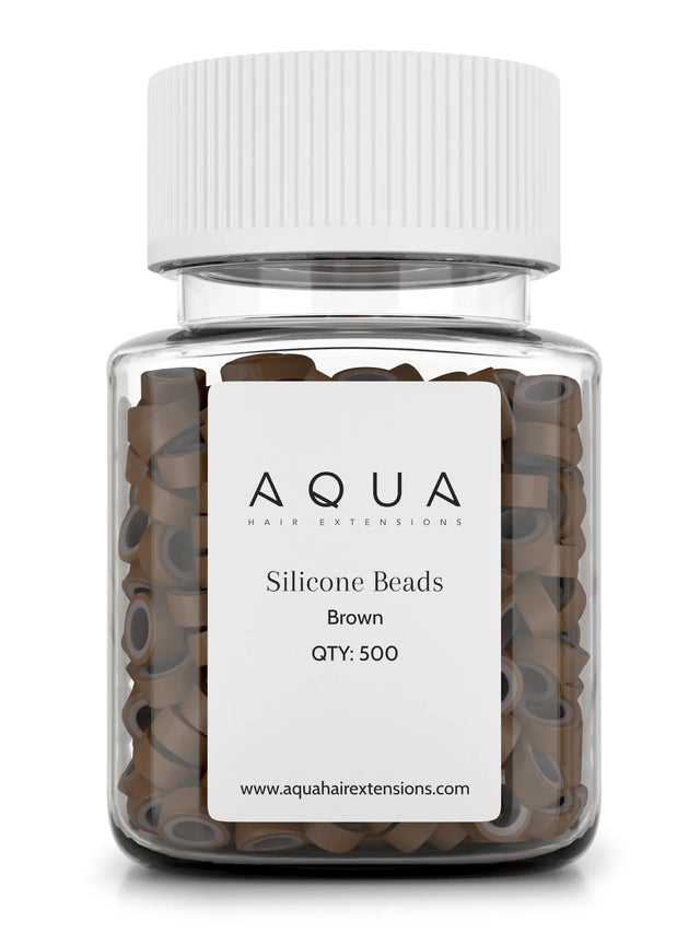 Jar of brown silicone beads with Aqua label on a white background