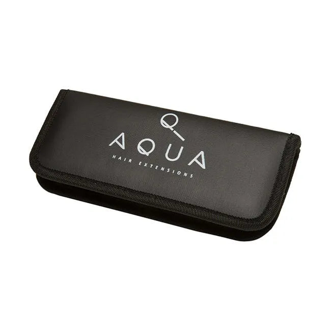 Black case for hair extensions with 'Aqua' branding on a white background