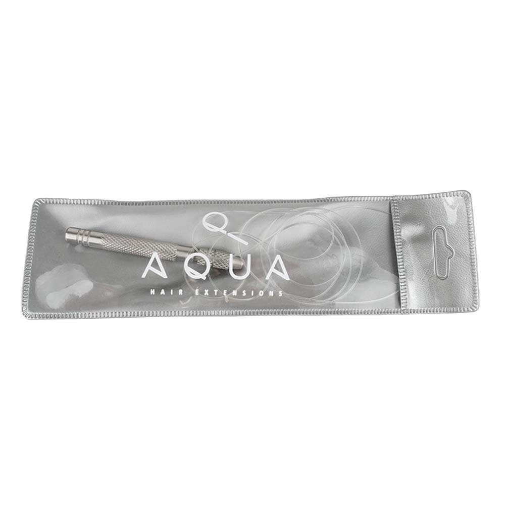 Silver package of Aqua hair extension loop tool on a white background