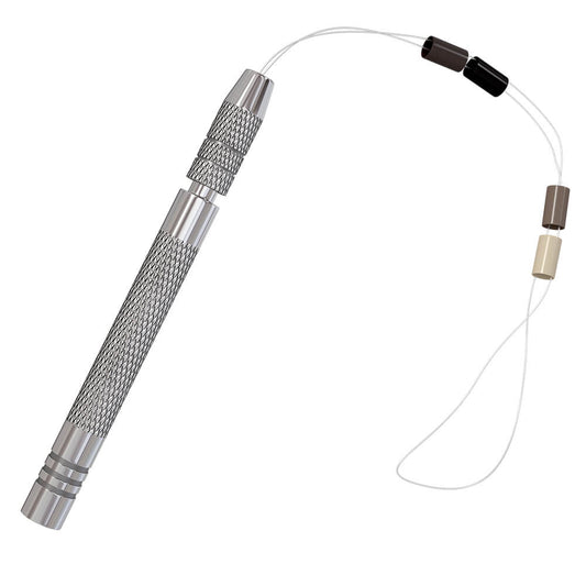 Hair extension loop tool with textured handle on a white background