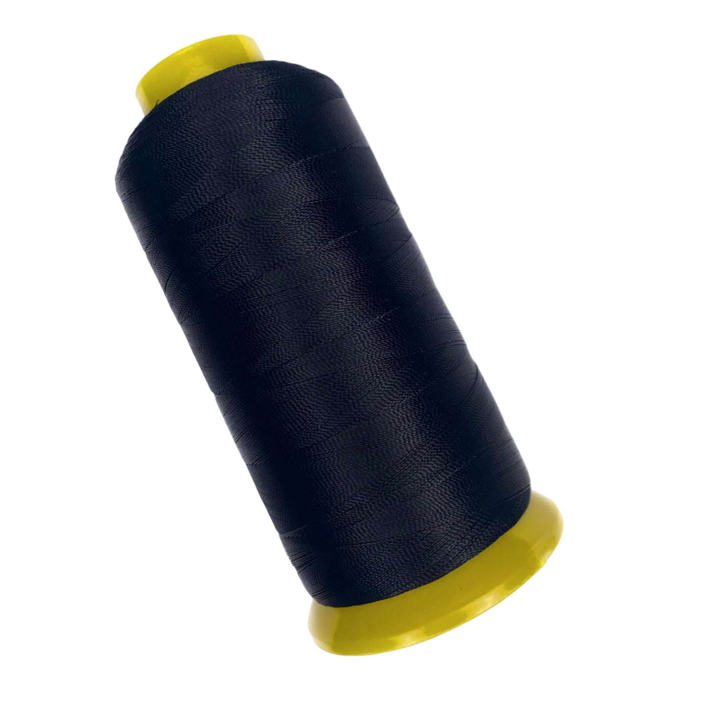 Spool of black thread with yellow ends on a white background