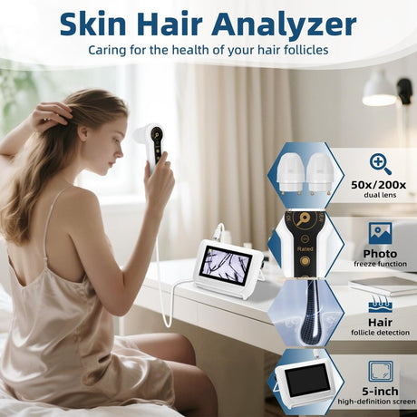 Woman using Hair and Scalp Analyzer with product details displayed.