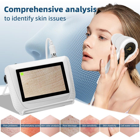 Skin analysis device with a woman using it and skin condition indicators below.
