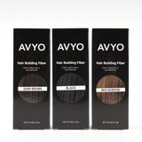 Image showcases the full lineup of AVYO Hair Building Fibers products. 