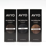 Image showcases the full lineup of AVYO Hair Building Fibers products. 