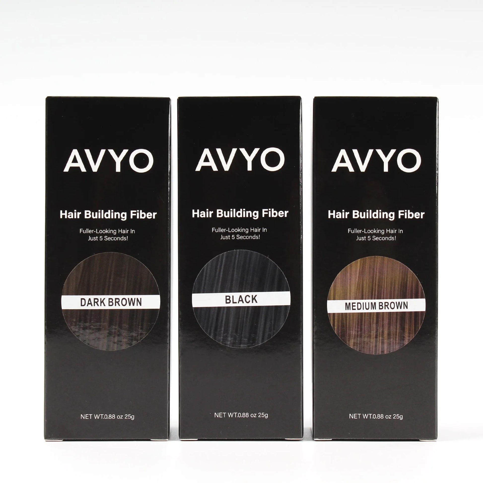 Image showcases the full lineup of AVYO Hair Building Fibers products. 