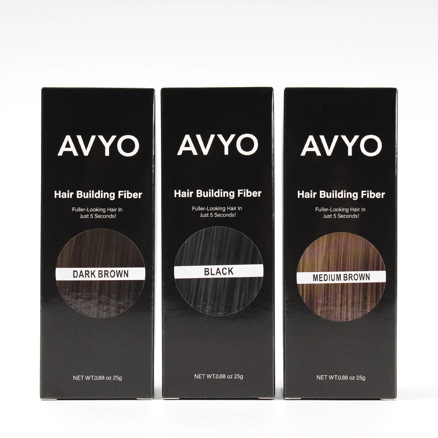 Image showcases the full lineup of AVYO Hair Building Fibers products.