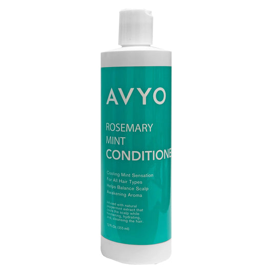 Image of the 12 fluid ounce bottle of AVYO Rosemary Mint Conditioner. 