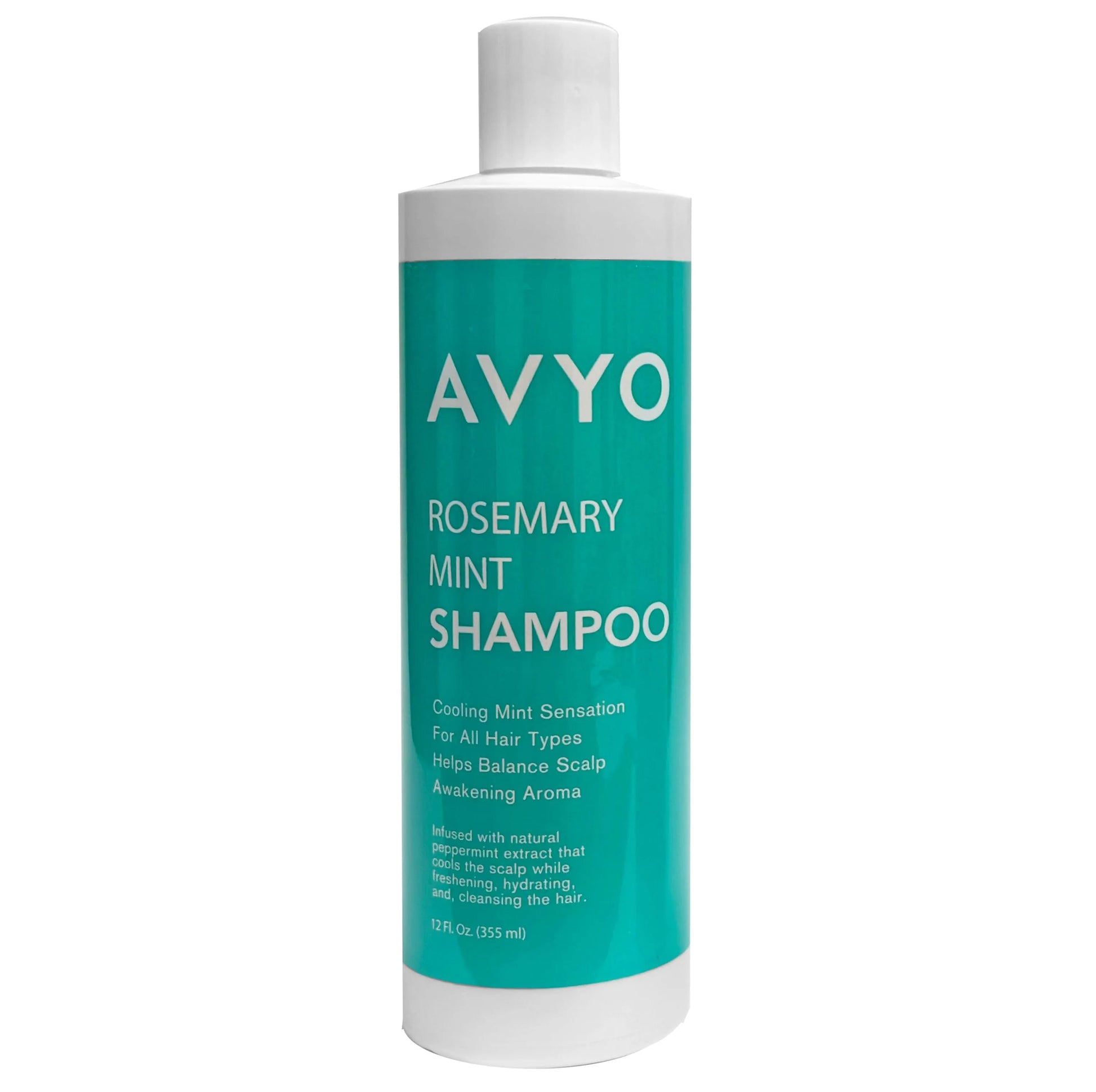 Image of the 12 fluid ounce bottle of AVYO Rosemary Mint Shampoo. 