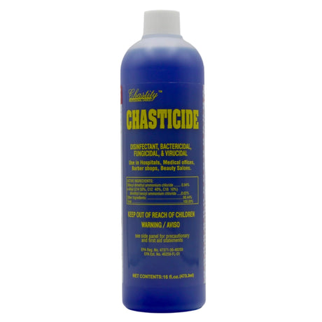 Image of the 16 fluid ounce bottle of Chastity Chasticide Disinfectant. 