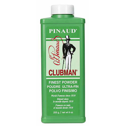 Image of the 9 ounce bottle of Clubman Finest Powder White, ideal for barbershops, salons, and spas. 