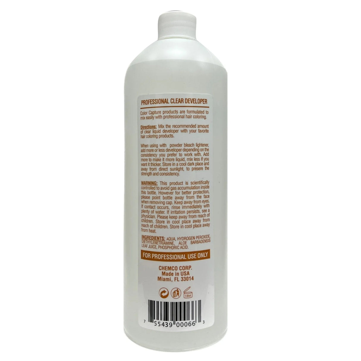 Rear view of the 32 fluid ounce bottle of Color Capture 20 Volume Clear Liquid Developer.