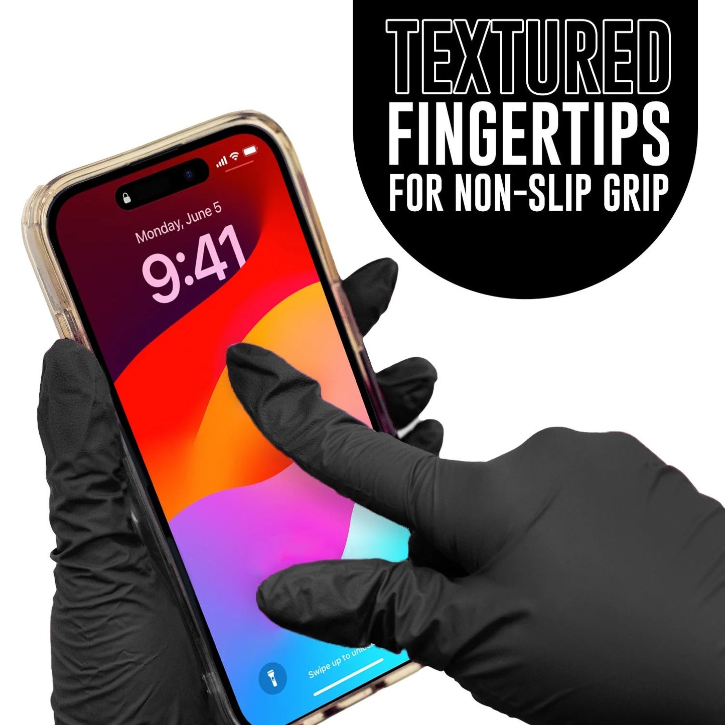 Lifestyle image of the Colortrak Black Nitrile Disposable Gloves. 