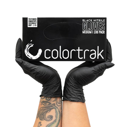 Image of the box of Colortrak Black Nitrile Disposable Gloves, size medium. 