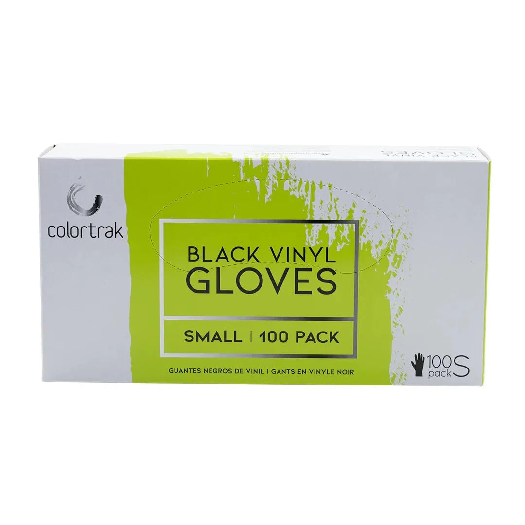 Image of the box of Colortrak Black Vinyl Gloves - Small. 