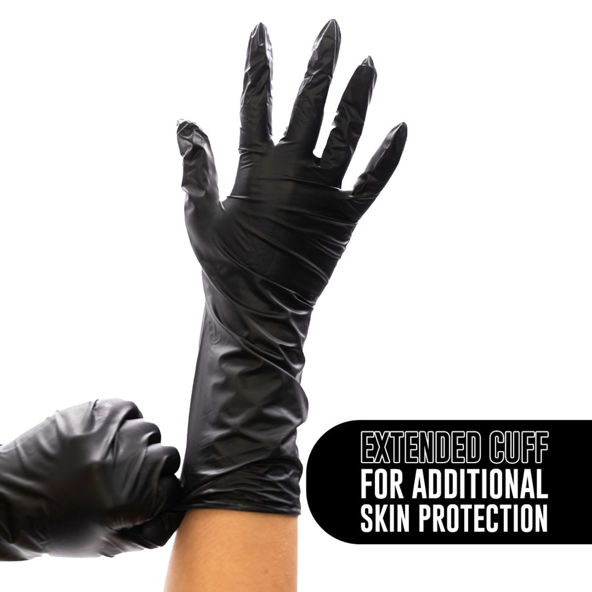 Features of the Colortrak Extended Cuff Black Vinyl Disposable Gloves. 