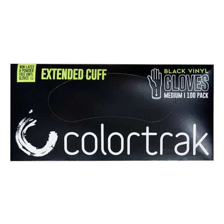 Image of the medium Colortrak Extended Cuff Black Vinyl Disposable Gloves. 
