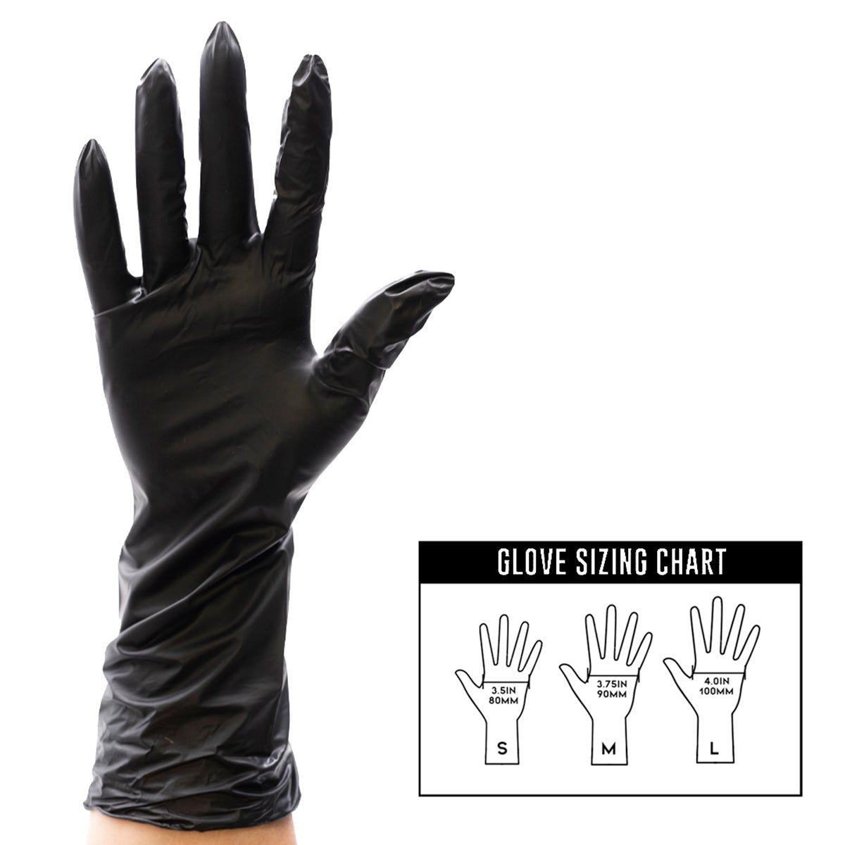 Size chart for the Colortrak Extended Cuff Black Vinyl Disposable Gloves. 