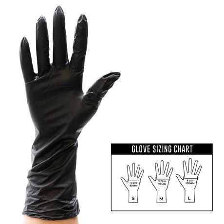 Size chart for the Colortrak Extended Cuff Black Vinyl Disposable Gloves. 