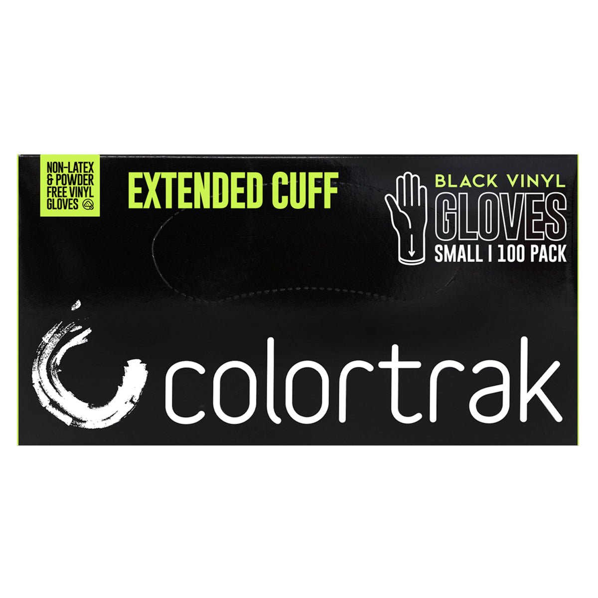Image of the small Colortrak Extended Cuff Black Vinyl Disposable Gloves. 