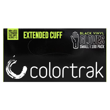Image of the small Colortrak Extended Cuff Black Vinyl Disposable Gloves. 