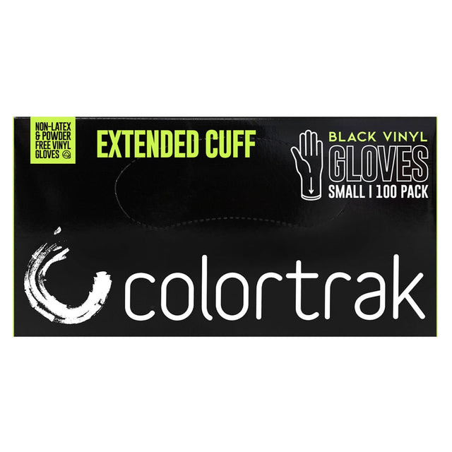 Image of the small Colortrak Extended Cuff Black Vinyl Disposable Gloves. 