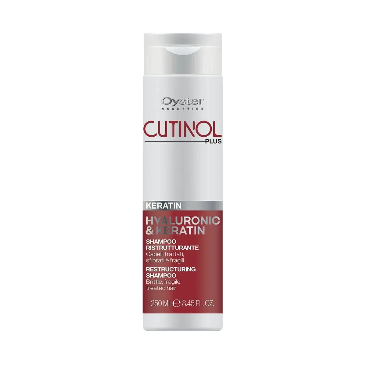 Image of the 250 milliliter bottle of Cutinol Plus Keratin Restructuring Shampoo. 