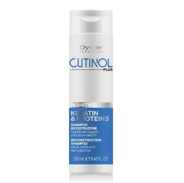 Image of the 250 milliliter bottle of Cutinol Plus Rebirth Reconstruction Shampoo. 