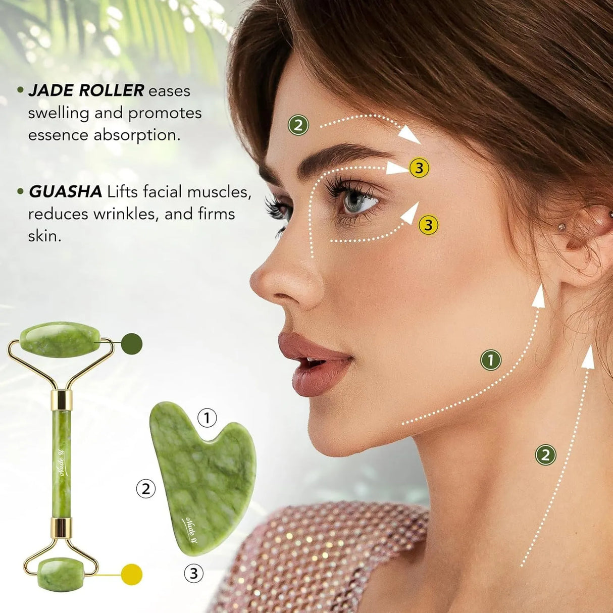 User illustrating neck and face massage techniques with Roller and Gua Sha tools.
