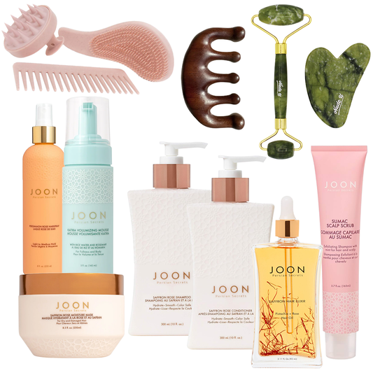 Bundle includes Joon brush set, Joon Sumac Scalp Scrub, Joon Hair Mask, Joon Saffron Hair Elixir, Joon Saffron Rose Shampoo, Joon Saffron Rose Conditioner, Joon Katira Mousse, Joon Persimmon Rose Hair Spray, NudeU Jade Gua Sha Set, and SSW Wooden Scalp Massager. 