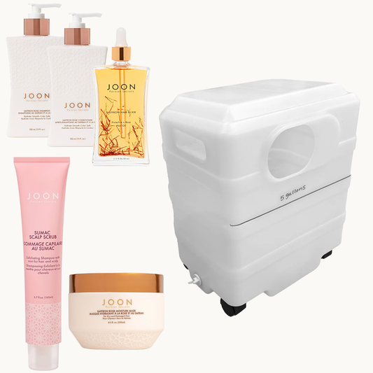 The SSW Head Spa Portable Set includes the Joon Sumac Scalp Scrub, Joon Saffron Rose Moisture Mask, Joon Saffron Rose Shampoo and Conditioner, Joon Saffron Hair Elixir, and the SSW 5-Gallon Waste Water Tank. 