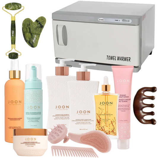Bundle includes Joon brush set, Joon Sumac Scalp Scrub, Joon Hair Mask, Joon Saffron Hair Elixir, Joon Saffron Rose Shampoo, Joon Saffron Rose Conditioner, Joon Katira Mousse, Joon Persimmon Rose Hair Spray, NudeU Jade Gua Sha Set, SSW Wooden Scalp Massager, and SSW MS-4049 Hot Towel Warmer. 