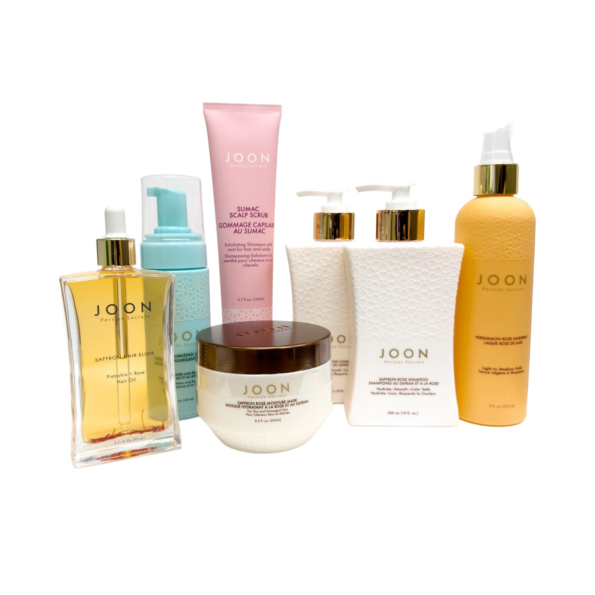 Collection of JOON hair care products on a white background