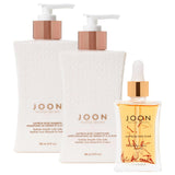 Main product image of JOON Moisturizing Hair set which includes, shampoo, conditioner, and hair oil.