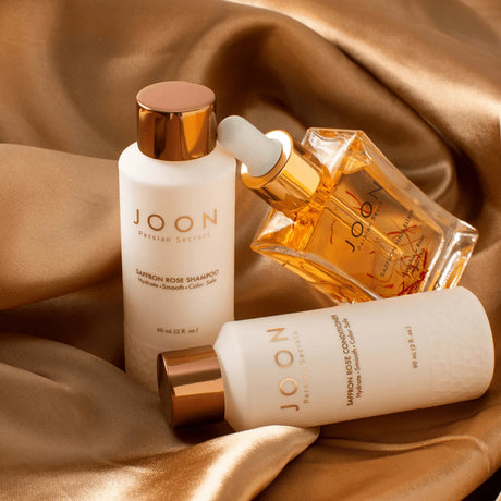 Image of the Joon Saffron Rose Hydrating Set in a luxurious setting. 